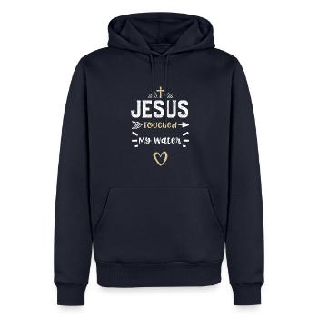 Jésus a touché mon eau - Jésus - Sweat à capuche Premium bio Homme - bleu marine - Devant - Nico (187cm)