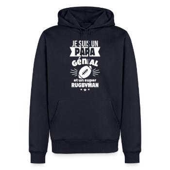Papa génial & rugbyman – idée fête des pères - Sweat à capuche Premium bio Homme - bleu marine - Devant - Nico (187cm)