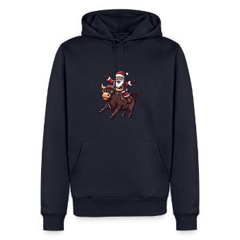 Taureau Père Noël - Sweat à capuche Premium bio Homme - bleu marine - Devant - Nico (187cm)