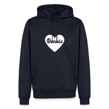 Dennis Prénom Idée Cadeau Coeur Amour J’Aime - Sweat à capuche Premium bio Homme - bleu marine - Devant - Nico (187cm)