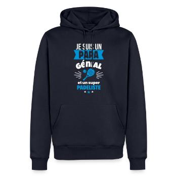 Papa génial & padéliste – idée fête des pères - Sweat à capuche Premium bio Homme - bleu marine - Devant - Nico (187cm)