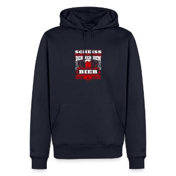 Scheiß auf den Schmuck der Reichen ich habe Bier - Männer Premium Bio Hoodie - Navy - Vorne - Nico (187cm)