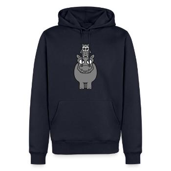 Hibou assis sur hippopotame drôle 2 amis chevauchant - Sweat à capuche Premium bio Homme - bleu marine - Devant - Nico (187cm)