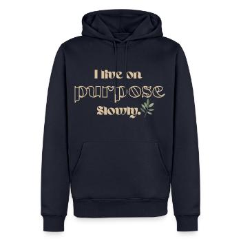I Live on Purpose Slowly – Mindfulness Olive Branch - Men’s Premium Organic Hoodie - navy - Front - Nico (187cm)