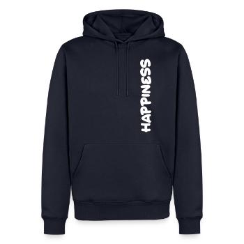 Happiness Schriftzug in weiß - Männer Premium Bio Hoodie - Navy - Vorne - Nico (187cm)