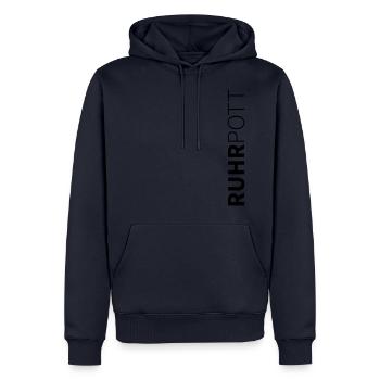 Ruhrpott-Logo – Der Pott steht Kopf! - Männer Premium Bio Hoodie - Navy - Vorne - Nico (187cm)