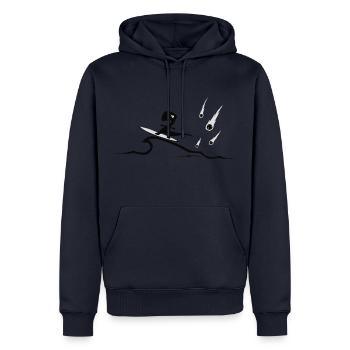 Surfer Dino | Surf die Meteoriten Welle - Männer Premium Bio Hoodie - Navy - Vorne - Nico (187cm)