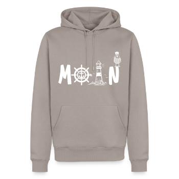 Maritimes MOIN Design Norddeutsche Begrüßung - Männer Premium Bio Hoodie - Taupe - Vorne - Nico (187cm)