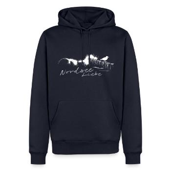 NordseeLiebe NordseeWellen Brechende Welle & Möwe - Männer Premium Bio Hoodie - Navy - Vorne - Nico (187cm)