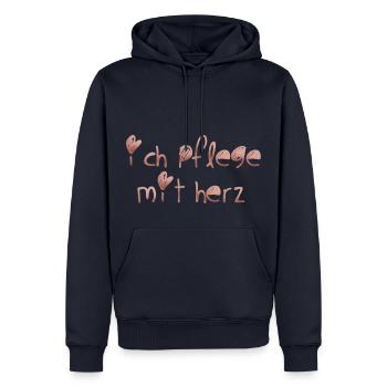Ich pflege mit Herz - Männer Premium Bio Hoodie - Navy - Vorne - Nico (187cm)