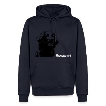 Hovawart-Portrait mit Schriftzug - Männer Premium Bio Hoodie - Navy - Vorne - Nico (187cm)