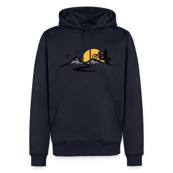Chopper Motorrad retro Vintage Berge Sonne - Männer Premium Bio Hoodie - Navy - Vorne - Nico (187cm)