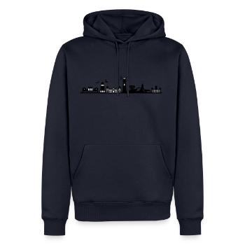 RÜGEN ÎLE D’OSTEE Phare Emblème - Sweat à capuche Premium bio Homme - bleu marine - Devant - Nico (187cm)