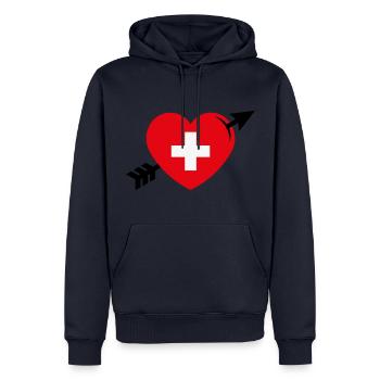 Herz Mit Schweizerkreuz Und Pfeil (Schweiz / 3C) - Männer Premium Bio Hoodie - Navy - Vorne - Nico (187cm)