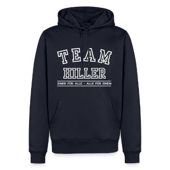 Team Hiller Familie Nachname Einer für Alle - Männer Premium Bio Hoodie - Navy - Vorne - Nico (187cm)
