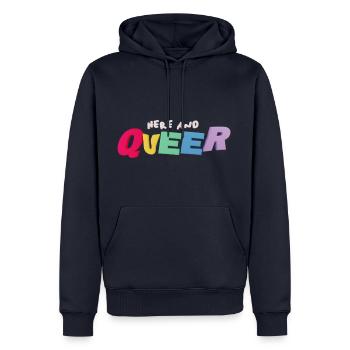 Ici et Queer! - Sweat à capuche Premium bio Homme - bleu marine - Devant - Nico (187cm)
