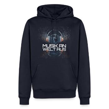 Musik Sprüche > Musik an - Welt aus - Männer Premium Bio Hoodie - Navy - Vorne - Nico (187cm)