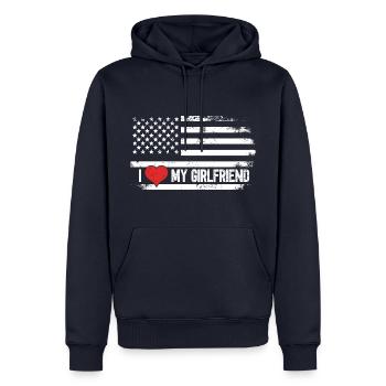 J’aime ma petite amie - Sweat à capuche Premium bio Homme - bleu marine - Devant - Nico (187cm)