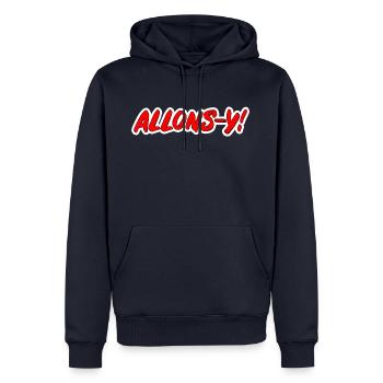 ALLONS-Y! red pop art lettering comic style - Men’s Premium Organic Hoodie - navy - Front - Nico (187cm)
