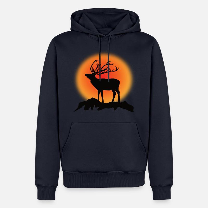 Cerf Rennais Silhouette Coucher de soleil - Sweat à capuche Premium bio Homme - bleu marine