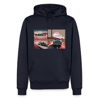 Retroautos auf dem Highway im Sonnenuntergang - Männer Premium Bio Hoodie - Navy - Vorne - Nico (187cm)