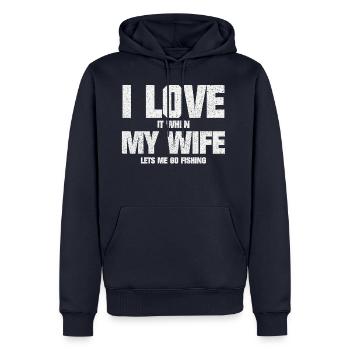 LUSTIGE LIEBE MEINE FRAU UND ANGELN SPRÜCHE - Männer Premium Bio Hoodie - Navy - Vorne - Nico (187cm)
