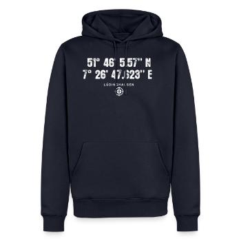 Lüdinghausen Geocacher Geschenk Standort GPS Stadt - Männer Premium Bio Hoodie - Navy - Vorne - Nico (187cm)