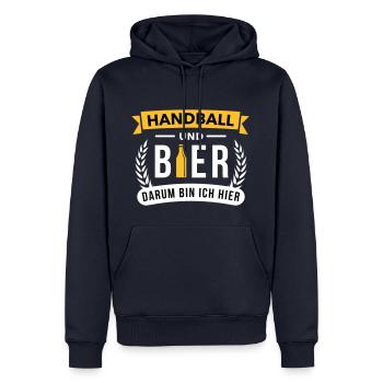 Handball & Bier darum bin ich hier - Männer Premium Bio Hoodie - Navy - Vorne - Nico (187cm)