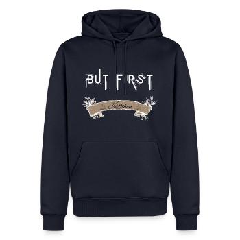 Spruch: "But first Käffchen" - Erst einmal Kaffee - Männer Premium Bio Hoodie - Navy - Vorne - Nico (187cm)