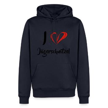 I love Jägerschnitzel - Schnitzel Grillen - Männer Premium Bio Hoodie - Navy - Vorne - Nico (187cm)
