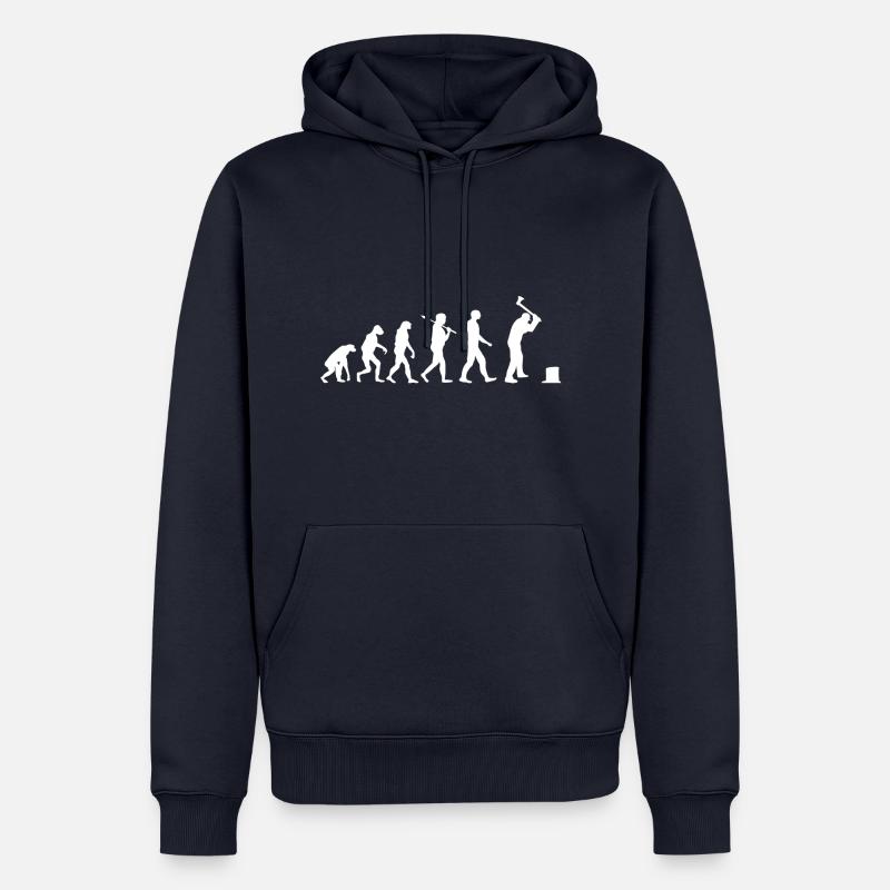 Bûcheron chemise · Evolution · · Outil hache - Sweat à capuche Premium bio Homme - bleu marine