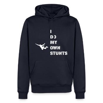 I do my own stunts, Jump! - Männer Premium Bio Hoodie - Navy - Vorne - Nico (187cm)