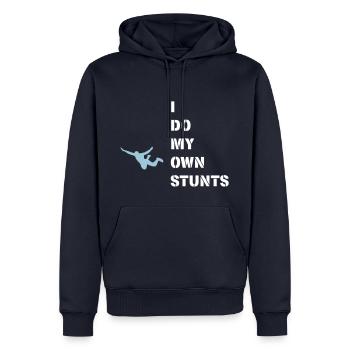 I do my own stunts, Jump! - Männer Premium Bio Hoodie - Navy - Vorne - Nico (187cm)