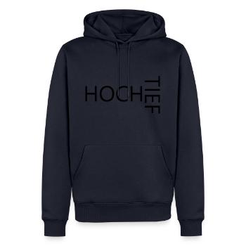 HOCH TIEF - Männer Premium Bio Hoodie - Navy - Vorne - Nico (187cm)