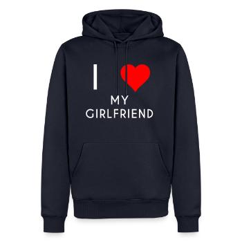J'adore mon copine motif ma copine - Sweat à capuche Premium bio Homme - bleu marine - Devant - Nico (187cm)