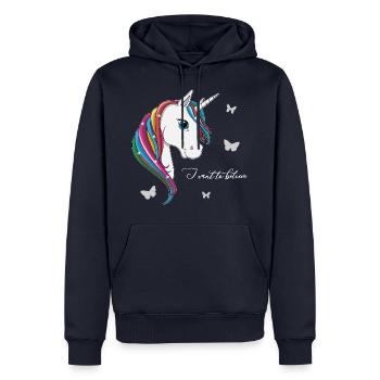 lorey.w "Licorne - Je veux croire" - Sweat à capuche Premium bio Homme - bleu marine - Devant - Nico (187cm)