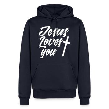 JESUS LOVES YOU - Männer Premium Bio Hoodie - Navy - Vorne - Nico (187cm)