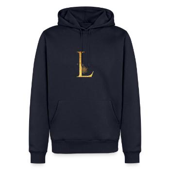 Lettre initiale L - Sweat à capuche Premium bio Homme - bleu marine - Devant - Nico (187cm)