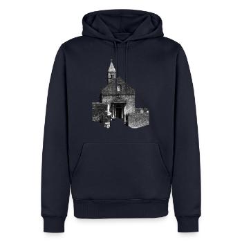 Église de village de Taizé - Sweat à capuche Premium bio Homme - bleu marine - Devant - Nico (187cm)