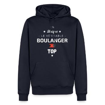 Le véritable Boulanger au top - Sweat à capuche Premium bio Homme - bleu marine - Devant - Nico (187cm)