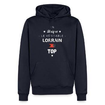 Le véritable Lorrain au top - Sweat à capuche Premium bio Homme - bleu marine - Devant - Nico (187cm)