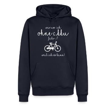 Warum ich ohne Akku fahre? - Männer Premium Bio Hoodie - Navy - Vorne - Nico (187cm)