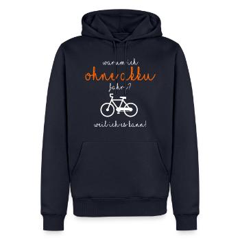 Warum ich ohne Akku fahre? - Männer Premium Bio Hoodie - Navy - Vorne - Nico (187cm)