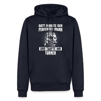 Turnen Turner Bodenturnen Geräteturnen Spruch - Männer Premium Bio Hoodie - Navy - Vorne - Nico (187cm)