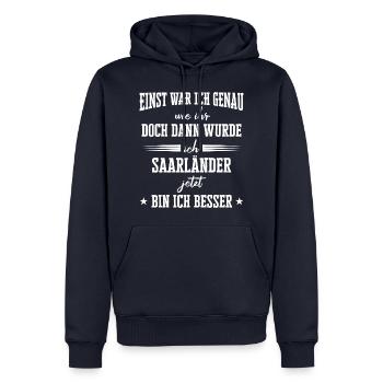 Saarland Saarländerin Saarländer Spruch - Männer Premium Bio Hoodie - Navy - Vorne - Nico (187cm)