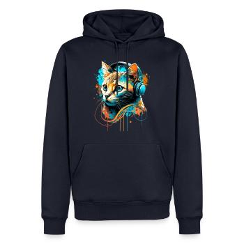 Cat listening to Music - Men’s Premium Organic Hoodie - navy - Front - Nico (187cm)