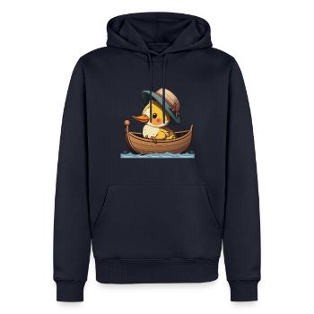 Canard mignon en bateau à rames avec chapeau d’été et fleur - Sweat à capuche Premium bio Homme - bleu marine - Devant - Nico (187cm)