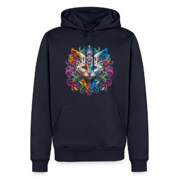 Katze Kopf mystisch, bunt und fröhlich - Männer Premium Bio Hoodie - Navy - Vorne - Nico (187cm)