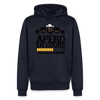 apéro en cours ,t-shirts apéro, message - Sweat à capuche Premium bio Homme - bleu marine - Devant - Nico (187cm)