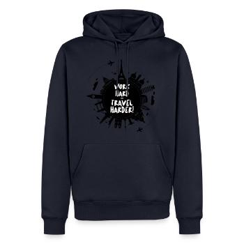 WORK HARD - TRAVEL HARDER - Männer Premium Bio Hoodie - Navy - Vorne - Nico (187cm)